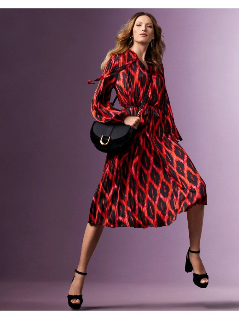Scoop Ikat Betled Blouson Pleated Midi Dress Long Sleeve Red Black Medium